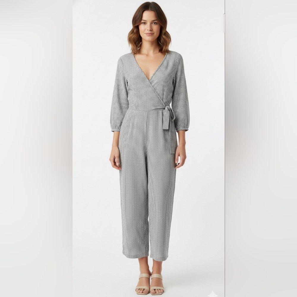 Old Navy Blue White Railroad Stripe Faux Wrap Cropped Wide Leg Jumpsuit Linen S